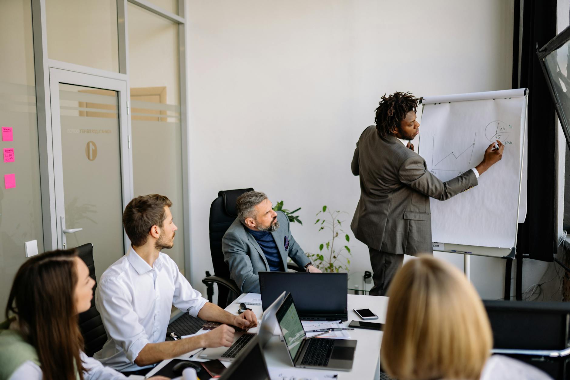 Business professionals reviewing cross-border payment compliance in modern office