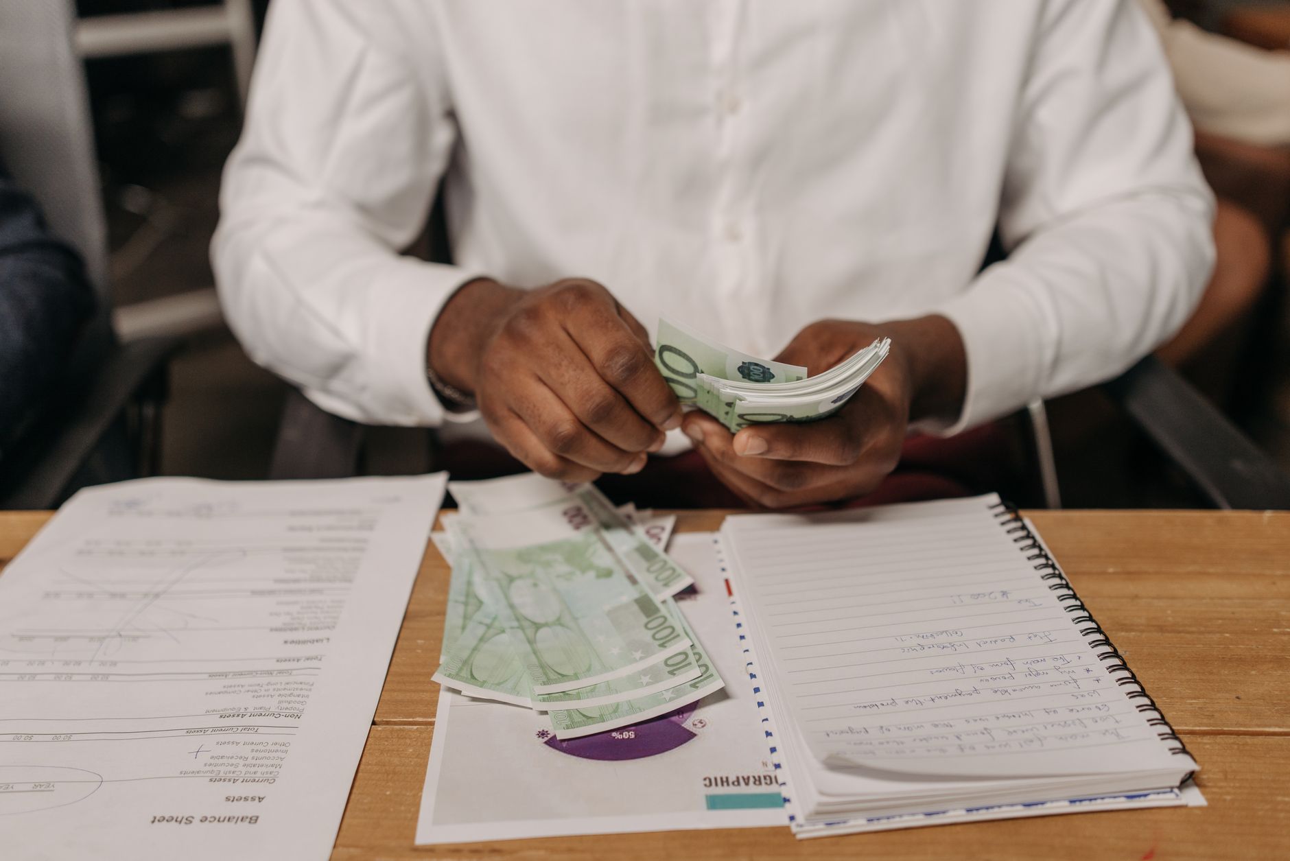Corporate desk with financial documents and multiple currency notes